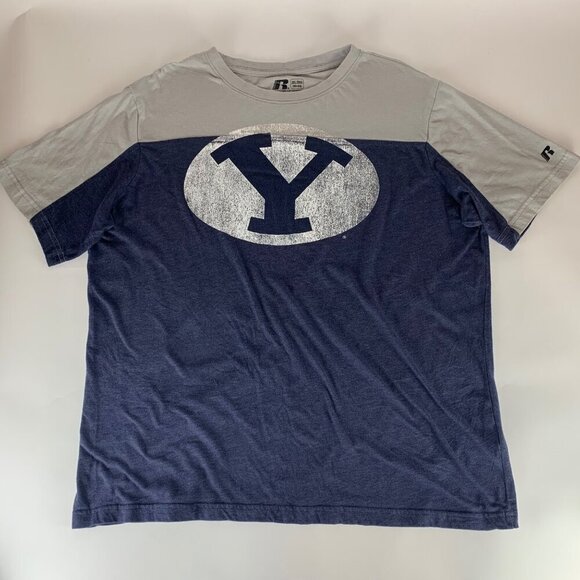 BYU Cougars NCAA Navy Blue Gray Russell Athletic Short Sleeve Crewneck Shirt 2XL - Picture 1 of 6